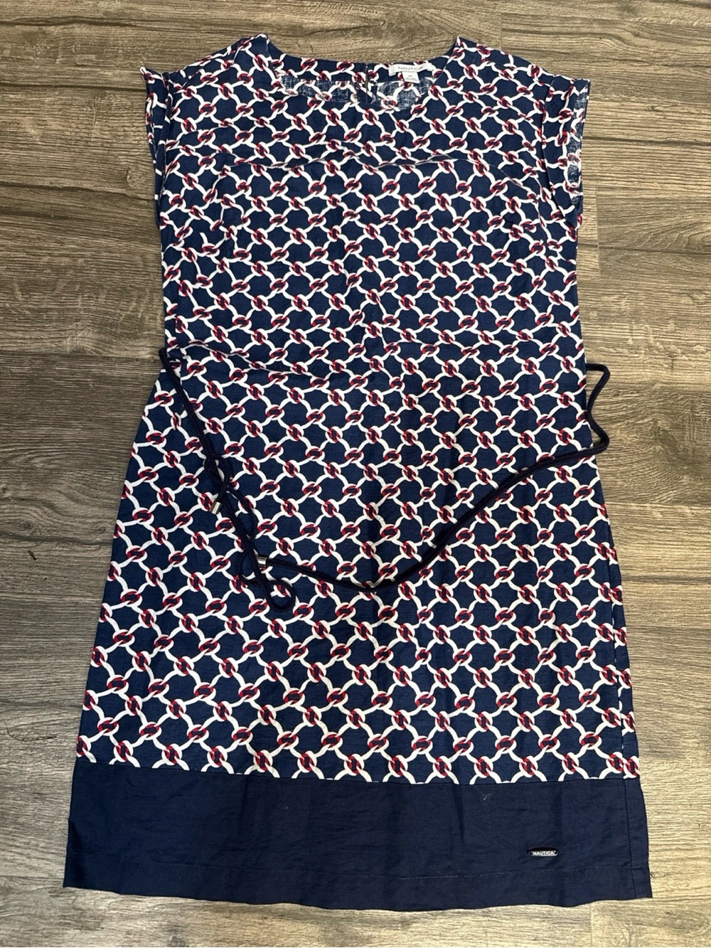Nautica Linen Cotton Nautical Chain Print Tunic Dress XS Navy Red Belted Resort - Picture 2 of 8